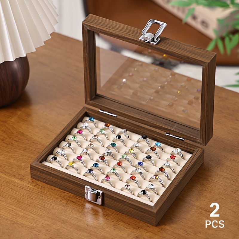 Vintage Wooden Jewelry Organizer Box with Glass Lid